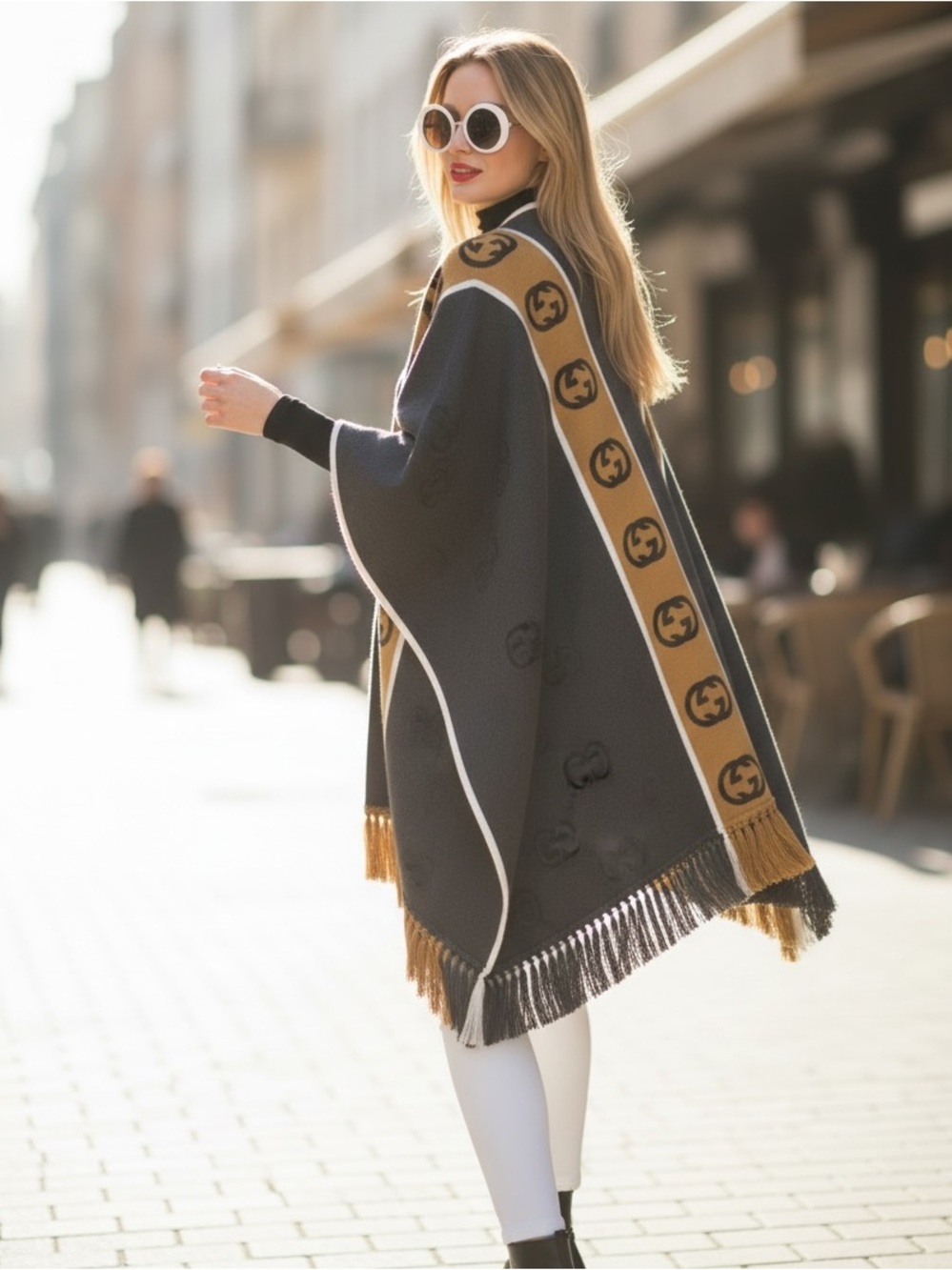Gucci Slate & Camel Logo-Trim Open Front Poncho - Picture 3 of 12